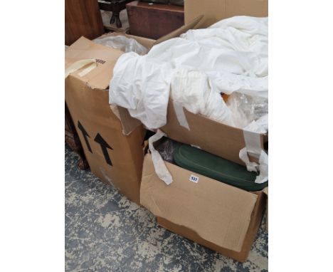 THREE BOXES OF LINEN CUSHIONS AND CURTAINS