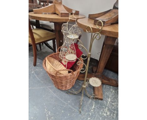A LOG BASKET, A BRASS CANDLE STAND TOGETHER WITH A WIRE WORK MANNEQUIN