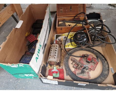 A SCRATCH BUILT LIVE STEAM BOILER AND ASSOCIATED EDGING PARTS, TO INCLUDE MECCANO, SHOOTING STICKS, A SHUTTLE, A CLOCK, AA BA