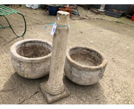 TWO RECONSTITUTED STONE PLANTERS TOGETHER WITH A COLUMN SUNDIAL