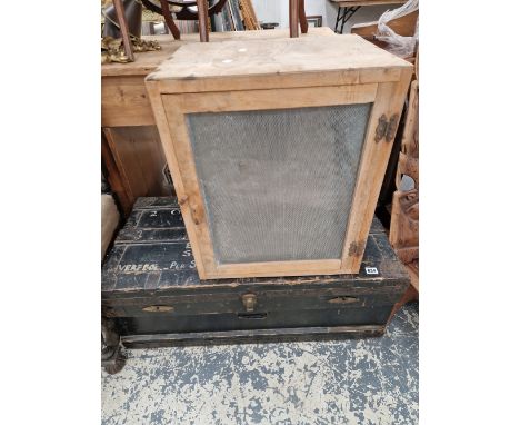 A VINTAGE CABIN TRUNK AND A SMALL MEAT SAFE