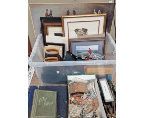 A WATERCOLOUR OF A TERRIER, VARIOUS PRINTS, HIKING BOOTS, FOUNTAIN PENS, POST CARDS, ROSETTES, A FOLD UP WALKING STICK, COINS