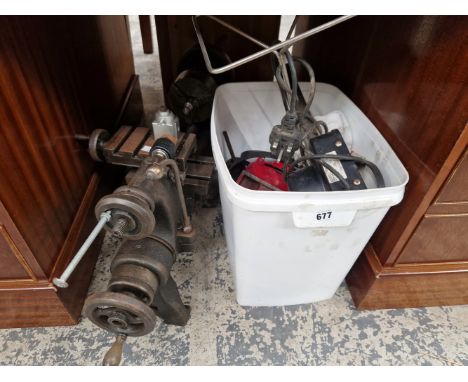 A HEAVY DUTY LATHE, TOGETHER WITH A GRENADIER FIRE LIGHTER, ETC