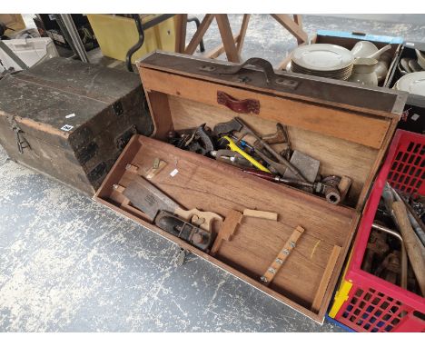 WOOD WORKING TOOLS TOGETHER WITH TWO WOODEN CHESTS