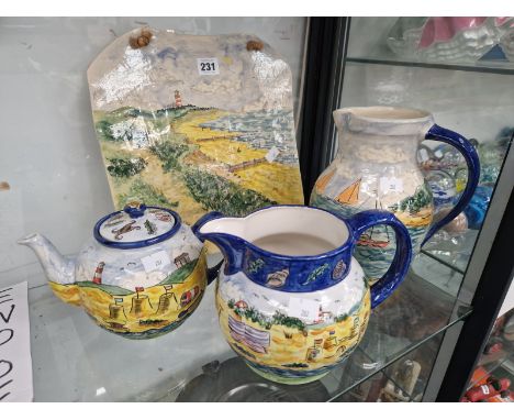 A DAVID SALSBURY PAINTED TILE TOGETHER WITH TWO JUGS AND A TEA POT 