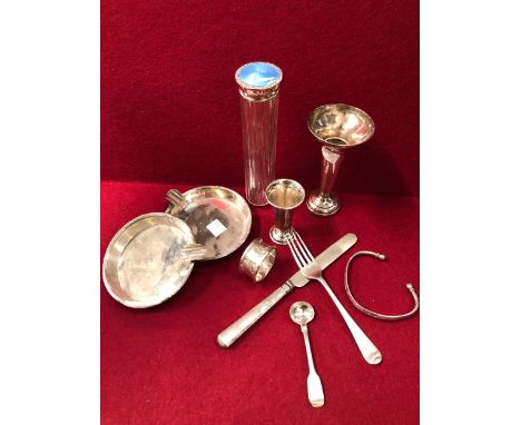 HALLMARKED SILVER TO INCLUDE ASHTRAY, SMALL VASES, CUTLERY, DRESSING TABLE JAR AND A EASTERN SILVER BANGLE.