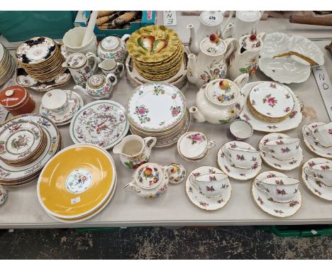 ADDERLEY, COALPORT AND SPODE TEA WARES, FISH DECORATED PLATES, SARREGUEMINES FRUIT PLATES, ETC.
