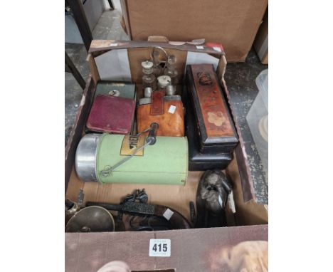 THREE JAPANESE LACQUER BOXES, A THERMOS FLASK, A REPRODUCTION PISTOL, LEATHER CASED FLASKS, A WALLET, ETC.