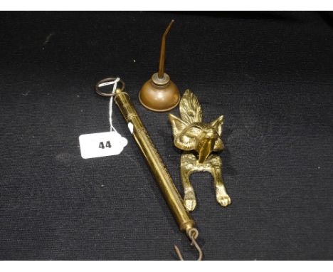    A Cast Brass Fox Head Door Knocker, Together With A Brass Spring Balance Etc (3)