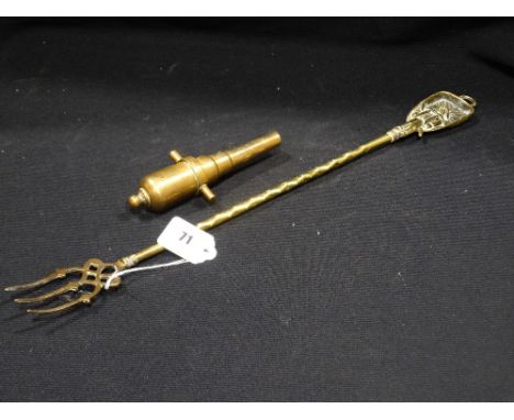     A Heavy Cast Model Cannon Barrel, Together With A Brass Toasting Fork           