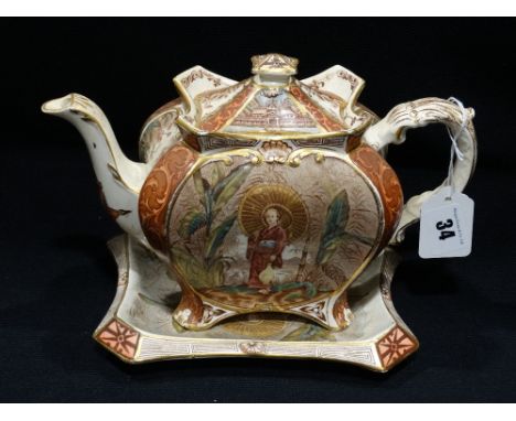     A Staffordshire Pottery Oriental Transfer Decorated Teapot &amp; Matching Stand     