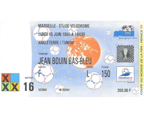 1998 WORLD CUP ENGLAND V TUNISIA TICKET
Very slight fold
Ref BF