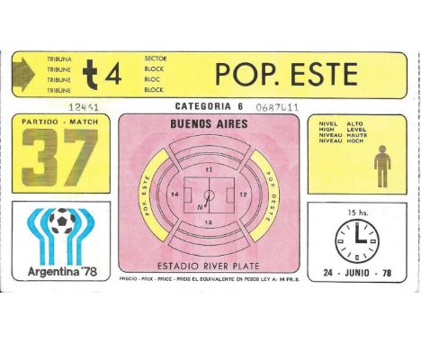 1978 WORLD CUP 3RD / 4TH PLACE PLAY OFF BRAZIL V ITALY TICKET
Good with slight fold
Ref BF
