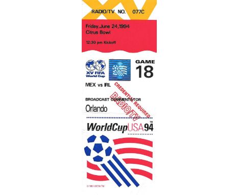 1994 WORLD CUP MEXICO V REPUBLIC OF IRELAND TICKET
Game 18
Slight fold
Ref SM