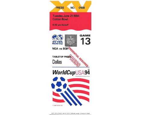 1994 WORLD CUP NIGERIA V BULGARIA TICKET
Game 13
Ref BF