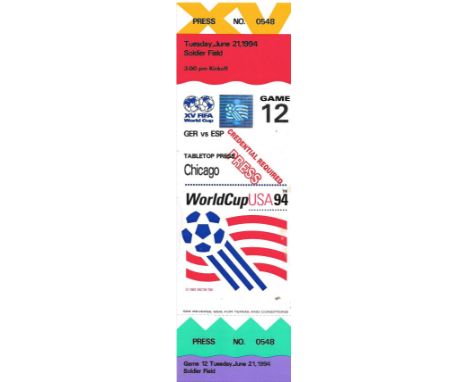 1994 WORLD CUP GERMANY V SPAIN COMPLETE TICKET
Rare complete Press Ticket
Game 12
Ref SM