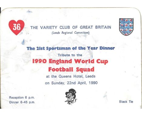 1990 WORLD CUP DINNER TICKET WITH MULTIPLE SIGNATURES&nbsp;
Signed by 12 of the England squad including Paul Gascoigne, Bryan