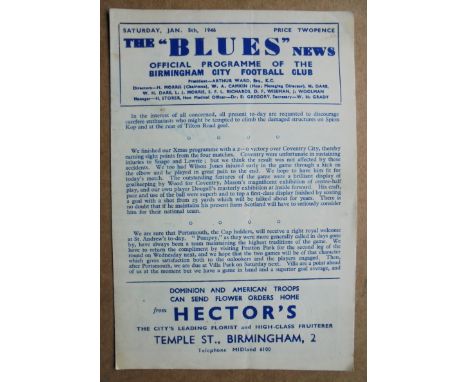 1945/46 BIRMINGHAM CITY V PORTSMOUTH. SIGNED BY 5 BLUES PLAYERS&nbsp;
Hand signed by Merrick, Harris, Edwards, Mulraney and D