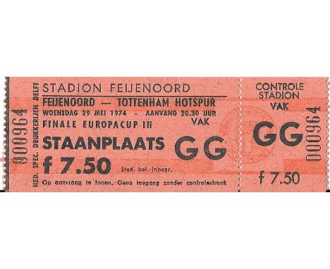 1974 UEFA CUP FINAL FEYENOORD V TOTTENHAM HOTSPUR UNUSED TICKET
Rare ticket unused and in very good condition
Ref PN