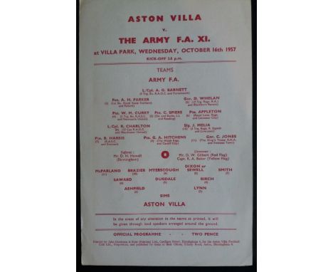 1957 ASTON VILLA V THE ARMY FA XI
Single card programme
Ref B A252
&nbsp;