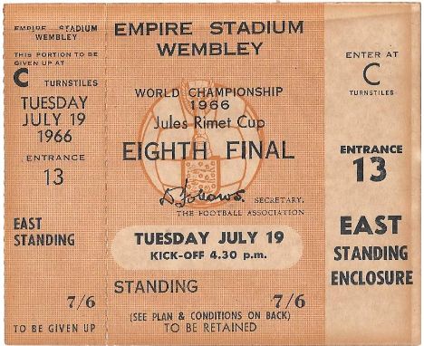 1966 WORLD CUP MEXICO V URUGUAY UNUSED TICKET
Originally framed for many years and hung on wall so has gone a little sepia to