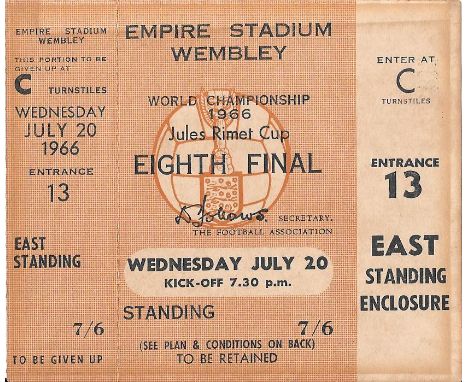 1966 WORLD CUP ENGLAND V FRANCE UNUSED TICKET
Originally framed for many years and hung on wall so has gone a little sepia to