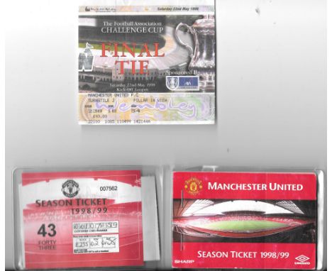 MANCHESTER UNITED 1998-99 TREBLE SEASON CUP FINAL TICKET &amp; SEASON TICKET
&nbsp;
Ref SM