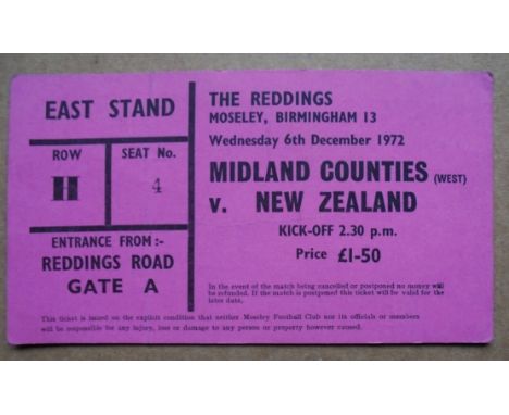 RUGBY UNION - 1972 TICKET MIDLAND COUNTIES WEST V NEW ZEALAND @ MOSELEY
&nbsp;