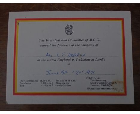 CRICKET - 1971 ENGLAND V PAKISTAN @ LORD'S VIP TICKET