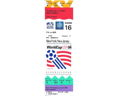 1994 WORLD CUP ITALY V NORWAY COMPLETE TICKET
Rare complete FIFA observer Ticket
Game 16
Ref SM