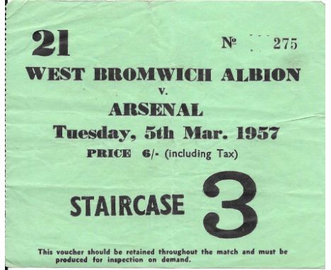 1956-57 WEST BROMWICH ALBION V ARSENAL TICKET
Slight folds
Ref SM