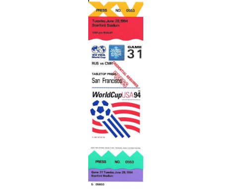 1994 WORLD CUP RUSSIA V CAMEROON COMPLETE TICKET
Rare complete Press Ticket
Game 31
Ref SM