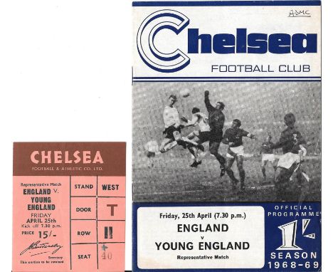 1969 ENGLAND V YOUNG ENGLAND AT CHELSEA PROGRAMME &amp; TICKET
Both with very slight folds, team changes to programme
Ref SM