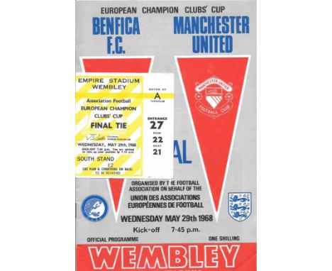 1968 EUROPEAN CUP FINAL MANCHESTER UNITED V BENFICA PROGRAMME &amp; TICKET
Programme - slight folds &amp; very slight marks
T