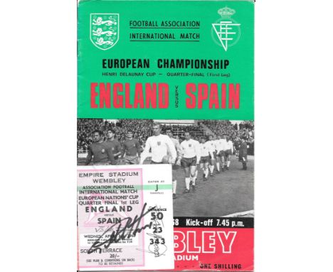 1968 ENGLAND V SPAIN PROGRMME &amp; TICKET - TICKET SIGNED BY BOBBY MOORE &amp; GEOFF HURST
Ticket - slight folds
Ref K