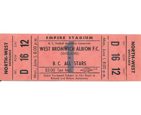 1959 BRITISH COLUMBIA ALL STARS V WEST BROMWICH ALBION IN VANCOUVER TICKET
Original ticket
Ref P