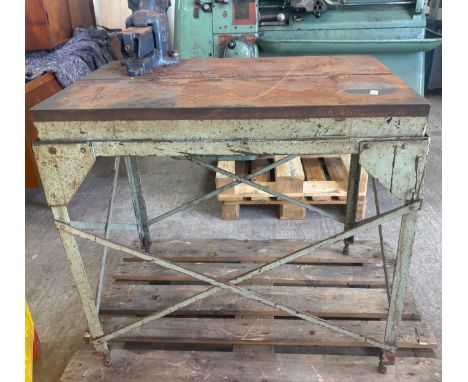 Metal Engineers table with fixed Fortis steel 11  vice, approximately 24 x 36 inches, height 33.5 inches