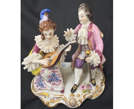 Antique Dresden Volkstedt Lace lady and gentlemen figure, playing plating mandolin, approximate measurements: 5 x 5 inches
