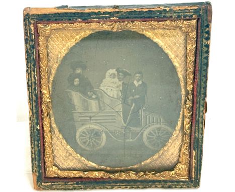 Antique photograph - Ambrotype of a family in a car, size 8.2 x 9.5cm