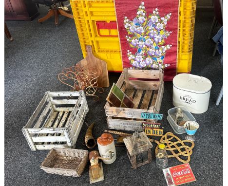 Selection of vintage kitchenalia to include mincer, bread bin, boards, crates etc