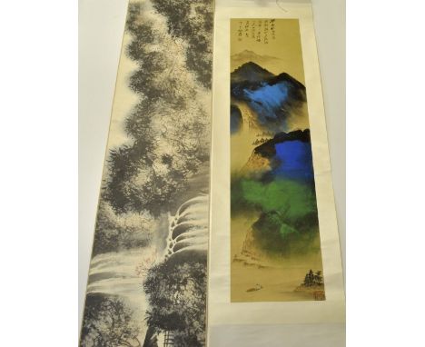 Two Chinese mounted scroll paintings, W. 40.45cm.
