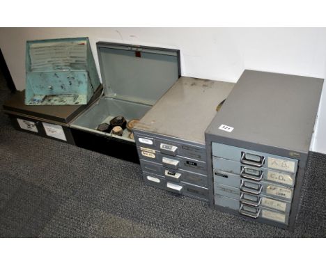 Two vintage metal filing cabinets, a metal file store and two large deed boxes.