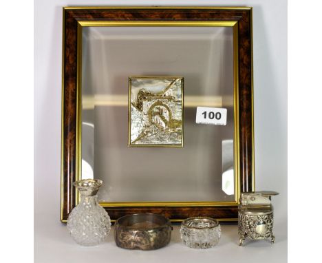 A framed silver picture, .835 silver lighter, .835 perfume bottle and a silver bangle.