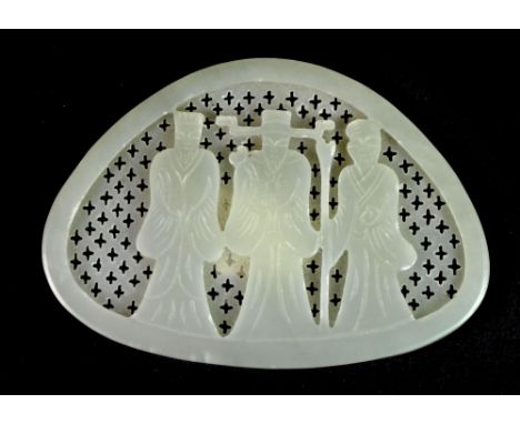 A Chinese carved and pierced celadon jade panel, W. 8.5 cm.