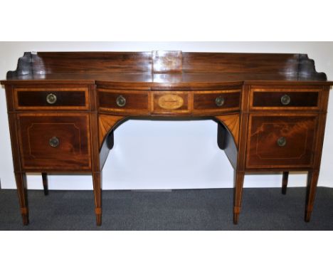 A superb Edwardian inlaid mahogany bow front Sheraton style buffet sideboard, W. 182 cm, H. 105 cm.