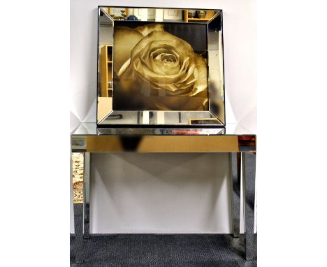 A contemporary mirrored console table and a mirror frame print, W. 120 cm (table), 79 x 79 cm (mirror).