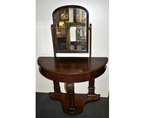 A 19th century mahogany console table with a later mirror back, W. 93 cm, together with a further mahogany console table, W. 