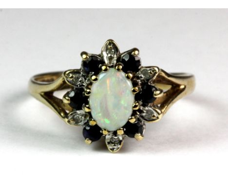 A 9ct gold opal, sapphire and cluster ring, (P).