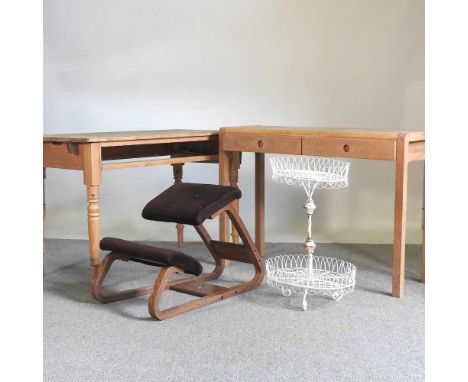 A modern light oak desk, 1110cm wide, together with a pine work table, a bentwood stool and a wire plant stand (4)
