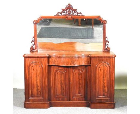 A Victorian mahogany mirror back chiffonier, of inverted breakfront shape, on a plinth base149w x 52d x 165h cm